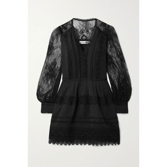 Self-Portrait Black Crochet-Trimmed Crepe De Chine And Lace Mini Dress - Picture 3 of 9